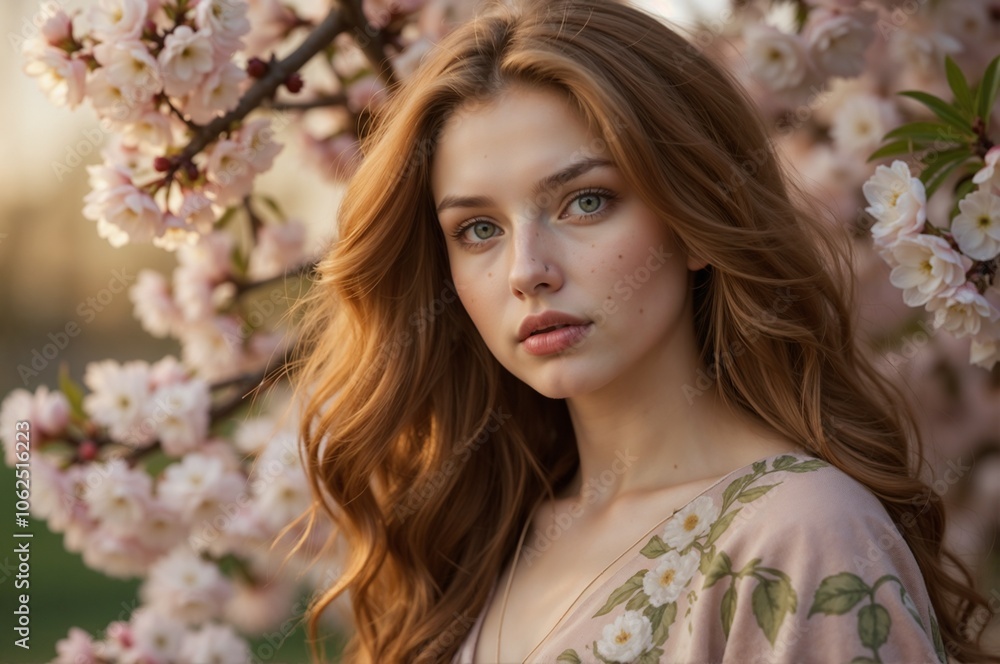 Portrait of a Young Woman Surrounded by Blossoming Cherry Flowers in Soft Natural Light Portrait of a Young Woman Surrounded by Blossoming Cherry Flowers in Soft Natural Light