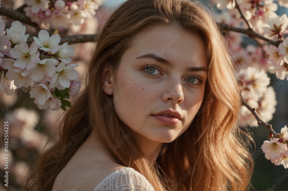 Beautiful Young Woman with Flowing Hair Surrounded by Cherry Blossom Flowers in Soft Natural Light Beautiful Young Woman with Flowing Hair Surrounded by Cherry Blossom Flowers in Soft Natural Light