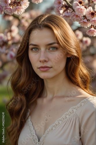 Portrait of a Young Woman with Long Wavy Hair and Green Eyes Surrounded by Cherry Blossom Flowers