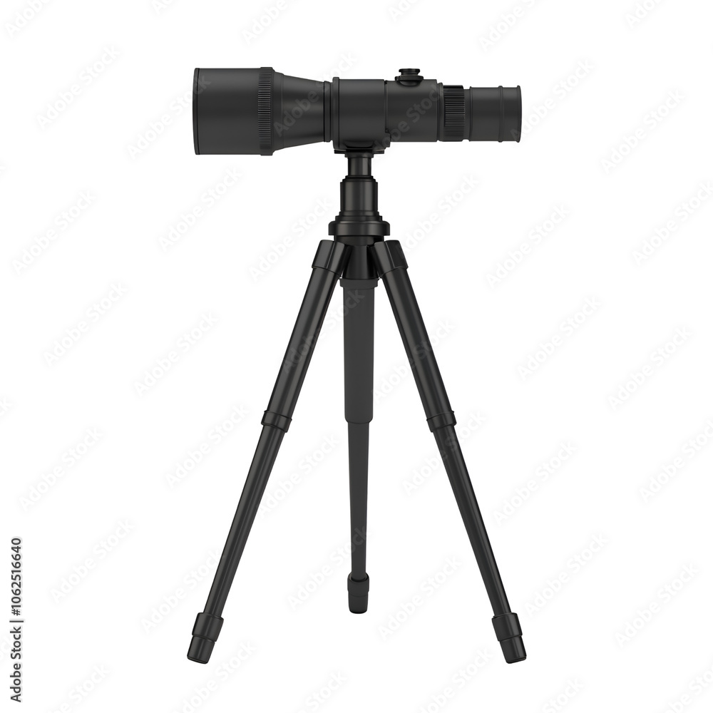A sleek, black spotting scope mounted on a tripod, designed for outdoor observation and photography. A sleek, black spotting scope mounted on a tripod, designed for outdoor observation and photography.