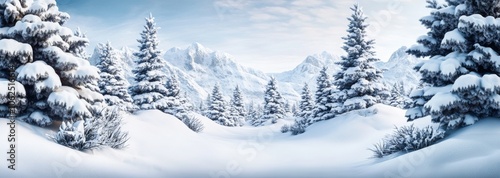 Tranquil winter wonderland a serene snow-capped landscape of pine trees and mountains photo