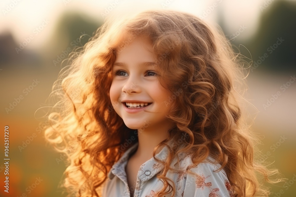 Portrait of a cute little girl with long curly hair in the field Portrait of a cute little girl with long curly hair in the field