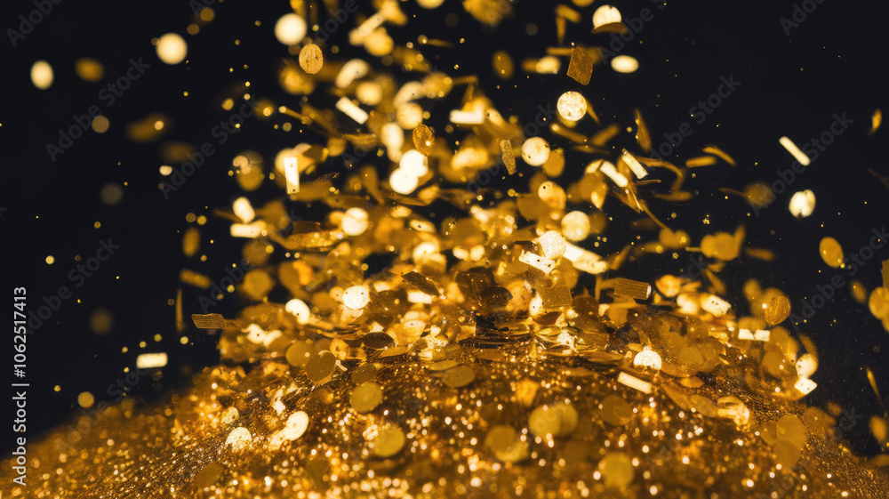 A mesmerizing burst of shimmering gold confetti glimmers against a deep black background, creating a festive and celebratory mood.