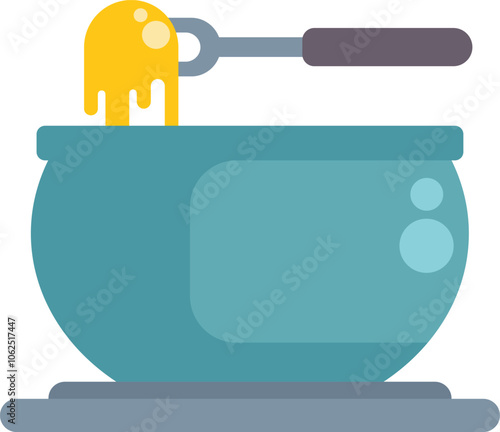 Delicious melted cheese fondue dipping with a fondue fork in a blue ceramic pot on white background