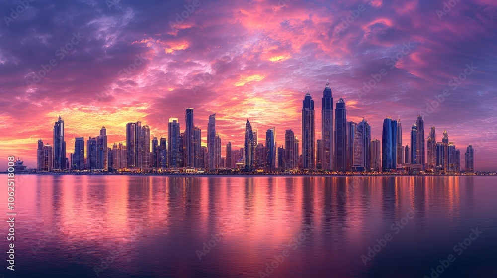 A city skyline is reflected in the water, with the sun setting in the background A city skyline is reflected in the water, with the sun setting in the background