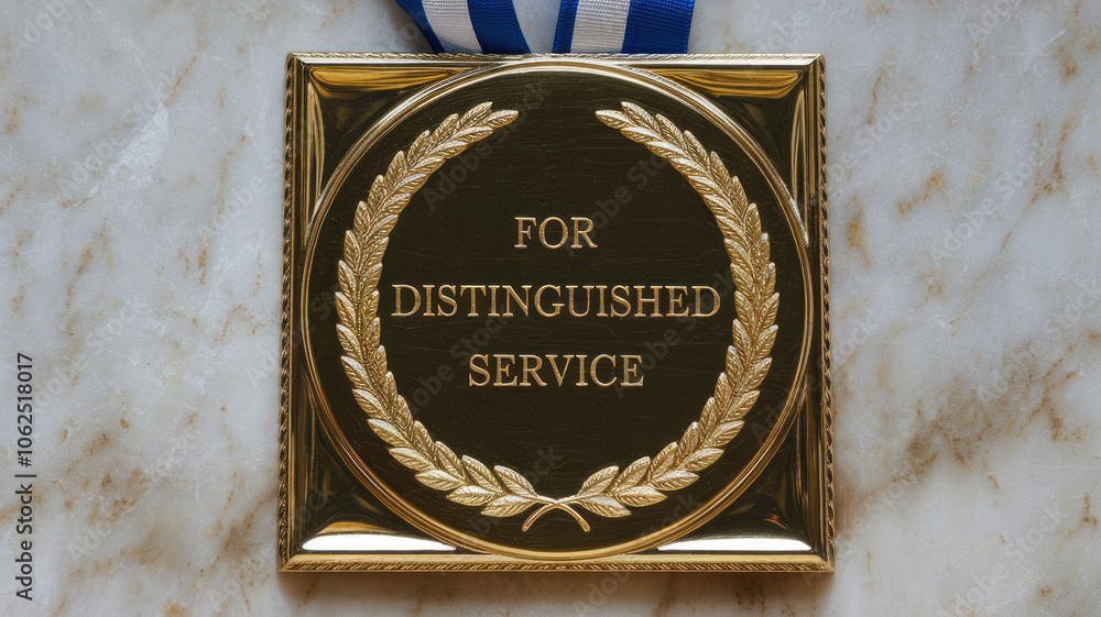 A golden medal for distinguished service, featuring intricate laurel decorations and a blue and white ribbon. Symbolizes excellence and recognition in achievement. A golden medal for distinguished service, featuring intricate laurel decorations and a blue and white ribbon. Symbolizes excellence and recognition in achievement.