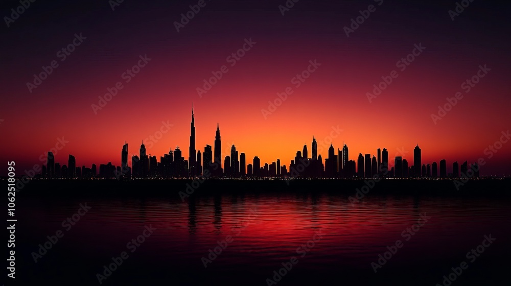 Obraz premium A city skyline is reflected in the water, with the sun setting in the background