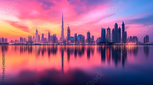 Wallpaper Mural A city skyline is reflected in the water, with the sun setting in the background Torontodigital.ca