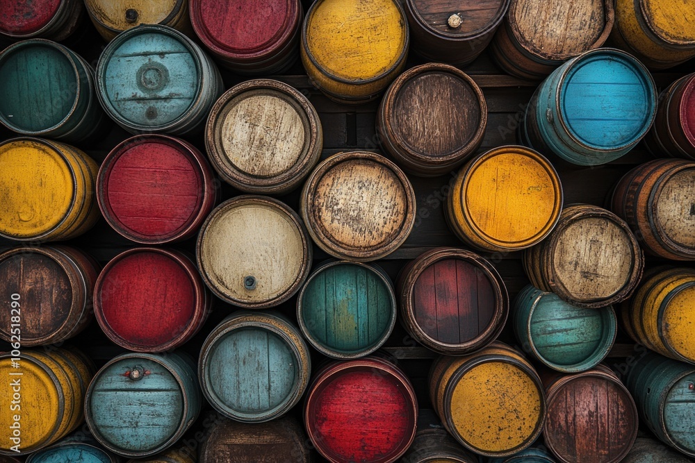 Colorful Barrels in Stacked Arrangement Colorful Barrels in Stacked Arrangement