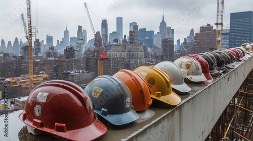 Row of Colorful Hard Hats on Construction Site Ledge. A line of colorful hard hats neatly arranged on a concrete ledge overlooks a busy urban construction site with cranes and skyscrapers.
