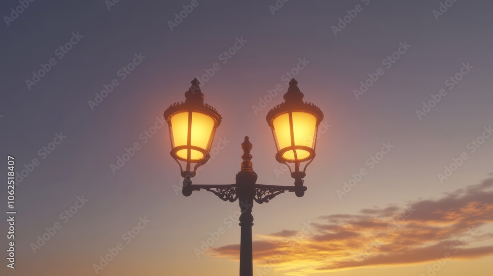 Elegant Street Lamp Illuminated Against a Vibrant Sunset Sky in a Serene Urban Setting Elegant Street Lamp Illuminated Against a Vibrant Sunset Sky in a Serene Urban Setting