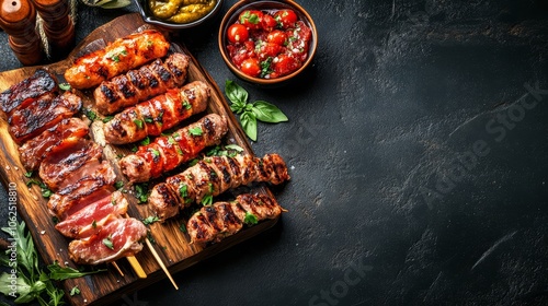 Grilled Meat Skewers with Tomato Salsa and Green Sauce on Wooden Board