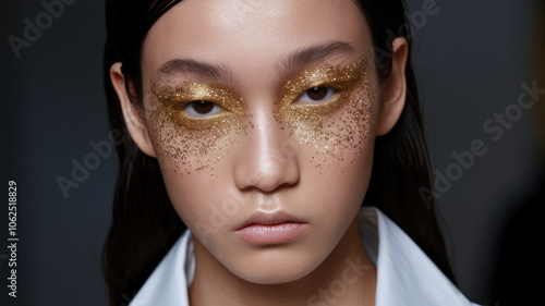 A young Asian woman exudes confidence with striking gold glitter makeup, elegantly contrasting her smooth complexion and sleek hair in a sophisticated, modern aesthetic.