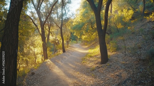 A winding path through a forest with sunlight filtering through the trees.