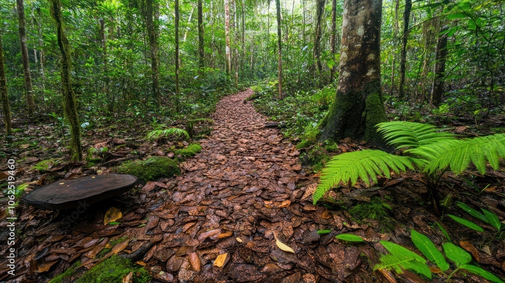 Fototapeta premium A winding path through a lush green forest, with fallen leaves covering the ground and a large tree trunk on the right side.