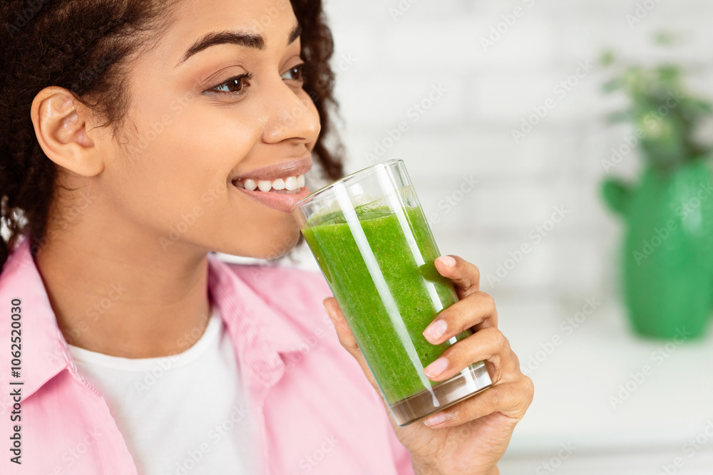 Healthy Drink. Smiling Black Girl Holding Glass, Drinking Delicious Detox Smoothie, Copyspace Healthy Drink. Smiling Black Girl Holding Glass, Drinking Delicious Detox Smoothie, Copyspace