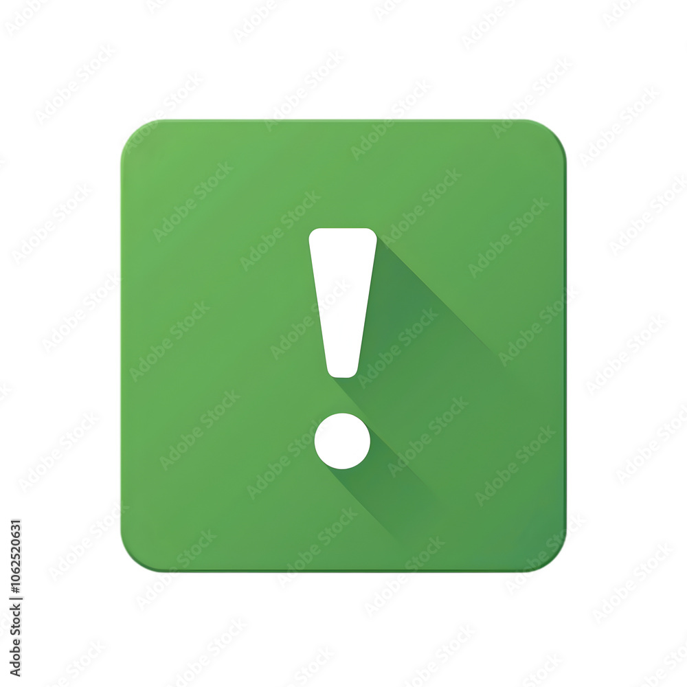 Minimalist green square report icon with an exclamation point in the center, isolated on white background Minimalist green square report icon with an exclamation point in the center, isolated on white background