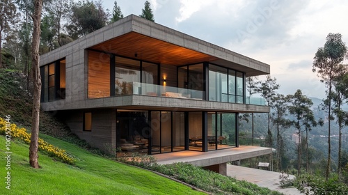 Modern two-story building on sloped terrain, architecture, contemporary, structure, design, exterior, urban, slope. 