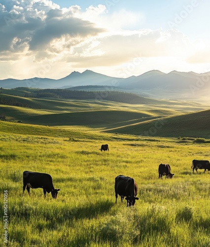 Wallpaper Mural A herd of cattle graze in a lush green field against the backdrop of a mountain range. Torontodigital.ca