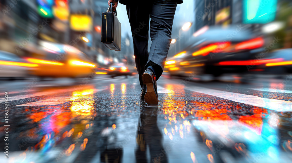 Fototapeta premium businessperson with briefcase walking in rain on city street.