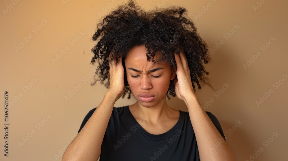 Woman Experiencing Severe Headache with Hands on Her Temples Against Plain Background Woman Experiencing Severe Headache with Hands on Her Temples Against Plain Background