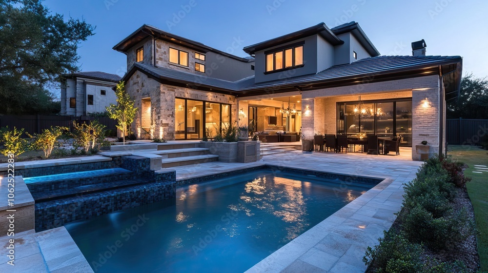 Modern Home with Patio, Pool, and Landscape Lighting at Night Modern Home with Patio, Pool, and Landscape Lighting at Night