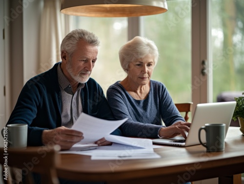 Senior couple reviewing finances at home with a laptop, discussing documents together.