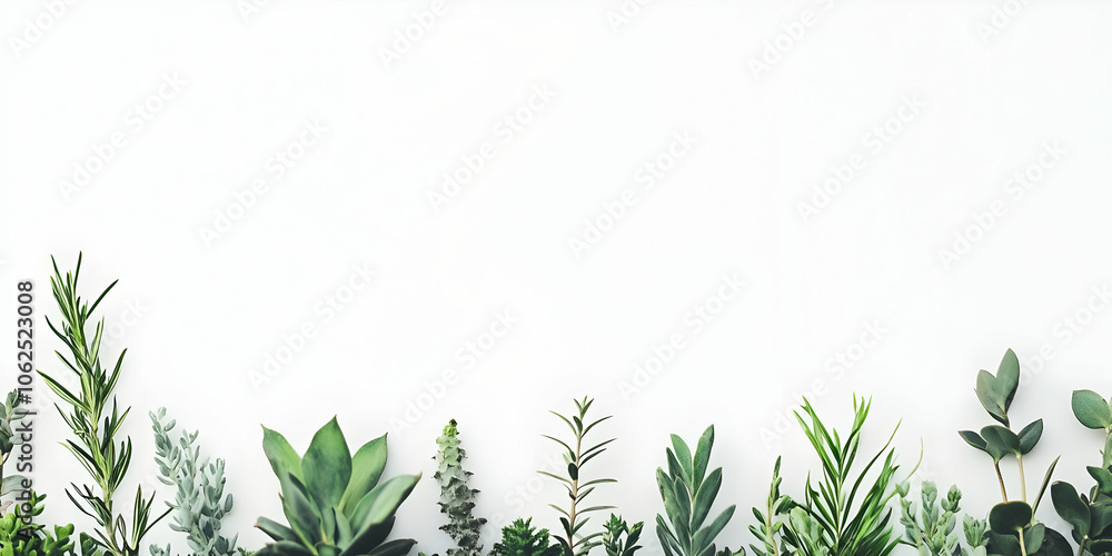 A minimalist arrangement of various green plants against a white background. A minimalist arrangement of various green plants against a white background.