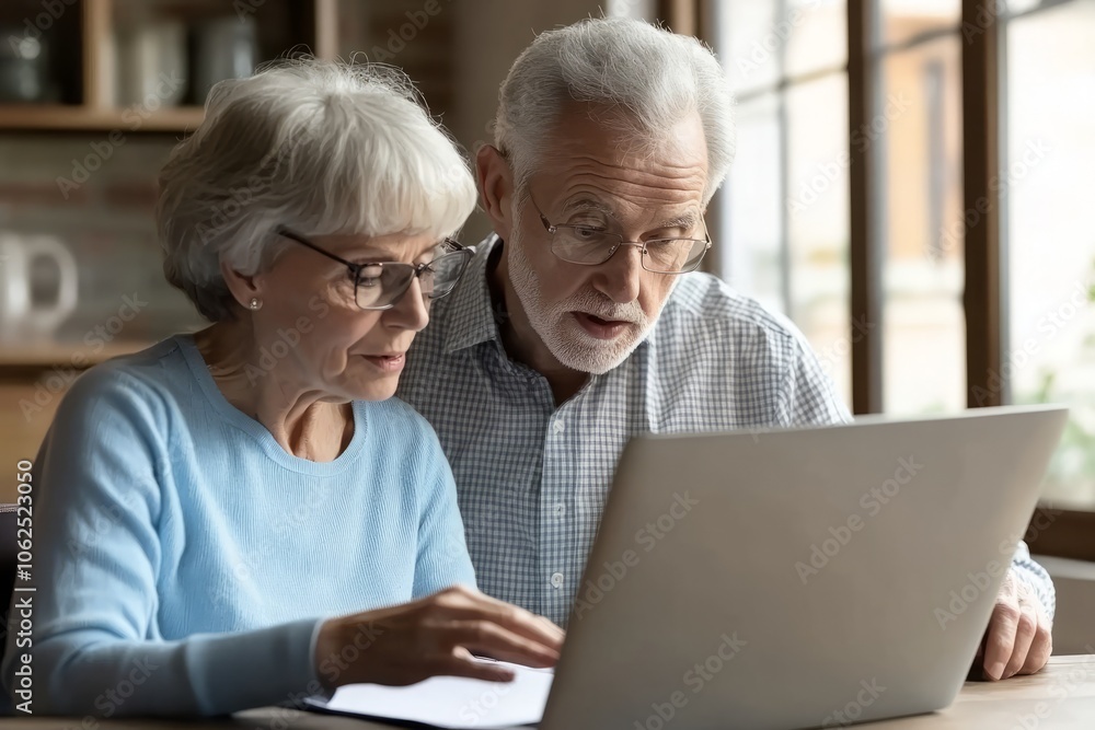 Senior couple reviewing finances at home with a laptop, discussing documents together. Senior couple reviewing finances at home with a laptop, discussing documents together.