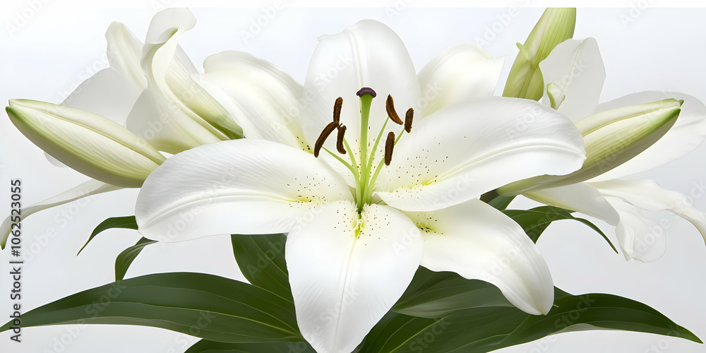 A close-up view of elegant white lilies with green leaves against a soft background. A close-up view of elegant white lilies with green leaves against a soft background.