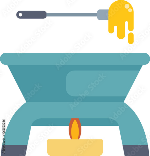 This flat design icon depicts a fondue pot with melted cheese dripping from a fork, heated by a burning candle