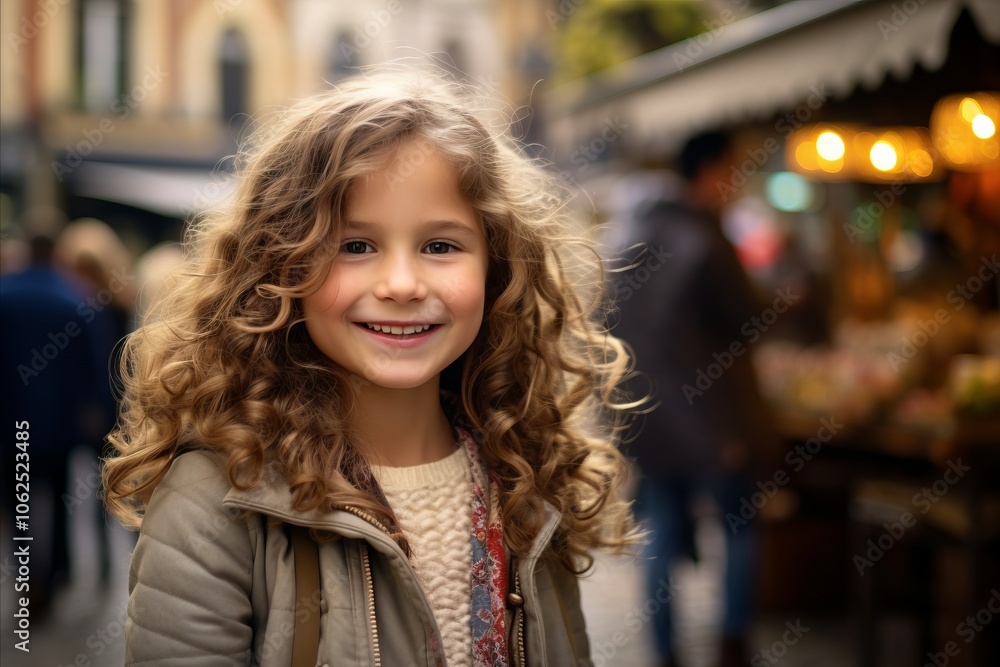 Adorable little girl with curly hair in Paris, France on Christmas market Adorable little girl with curly hair in Paris, France on Christmas market