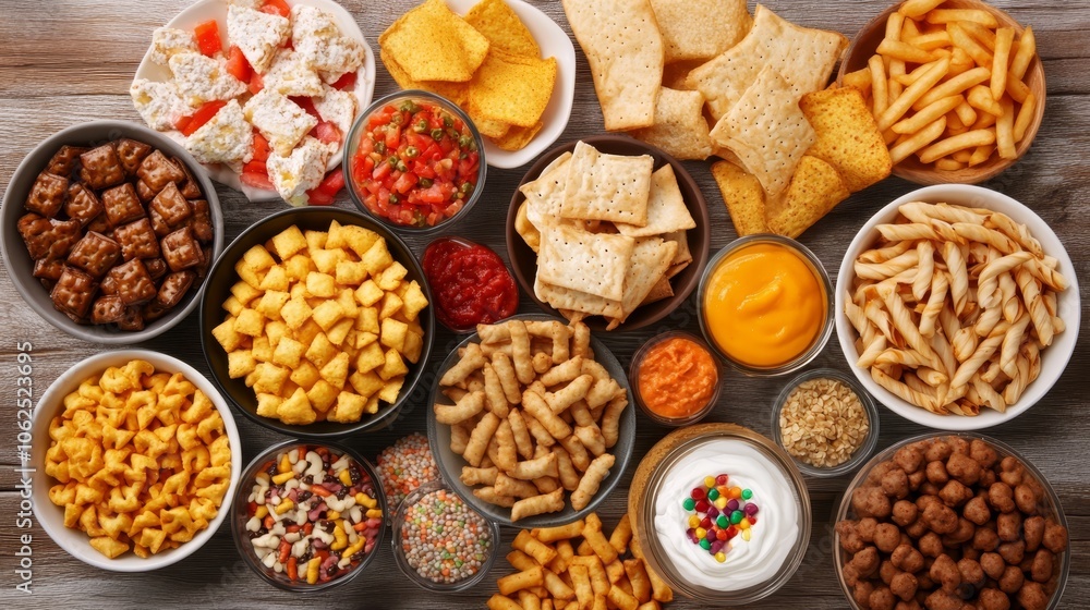 Assortment of Salty and Sweet Snacks and Dips Assortment of Salty and Sweet Snacks and Dips