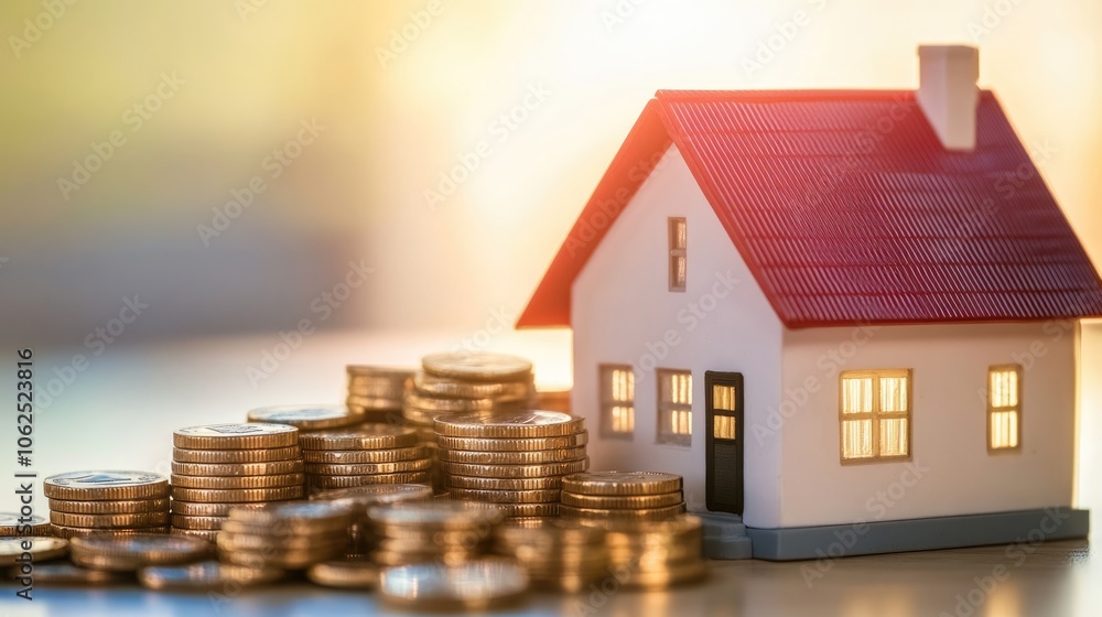 Hyperrealistic photo of a neat pile of coins with a house model beside it, representing investment growth in real estate. The bright, polished setup gives the image a professional magazine look, Hyperrealistic photo of a neat pile of coins with a house model beside it, representing investment growth in real estate. The bright, polished setup gives the image a professional magazine look,