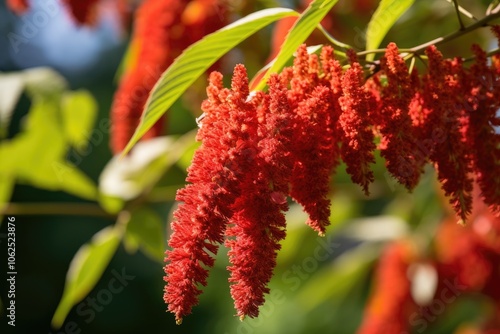 Blooming sumac plant with cone shaped flowers in summer photo