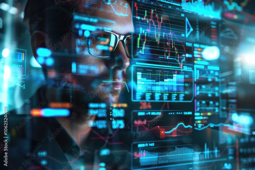 A holographic financial advisor displays a digital interface with charts and graphs, symbolizing AI-driven personal finance management in a futuristic setting