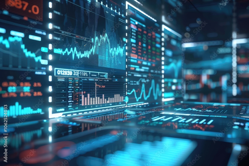 Futuristic scene of AI-powered stock market analysis on a digital dashboard, emphasizing innovative financial tools and real-time data