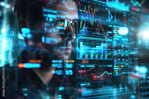 Wallpaper Mural A holographic financial advisor displays a digital interface with charts and graphs, symbolizing AI-driven personal finance management in a futuristic setting Torontodigital.ca