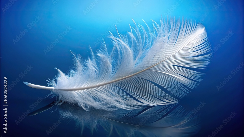Fototapeta premium White swan feather on blue background