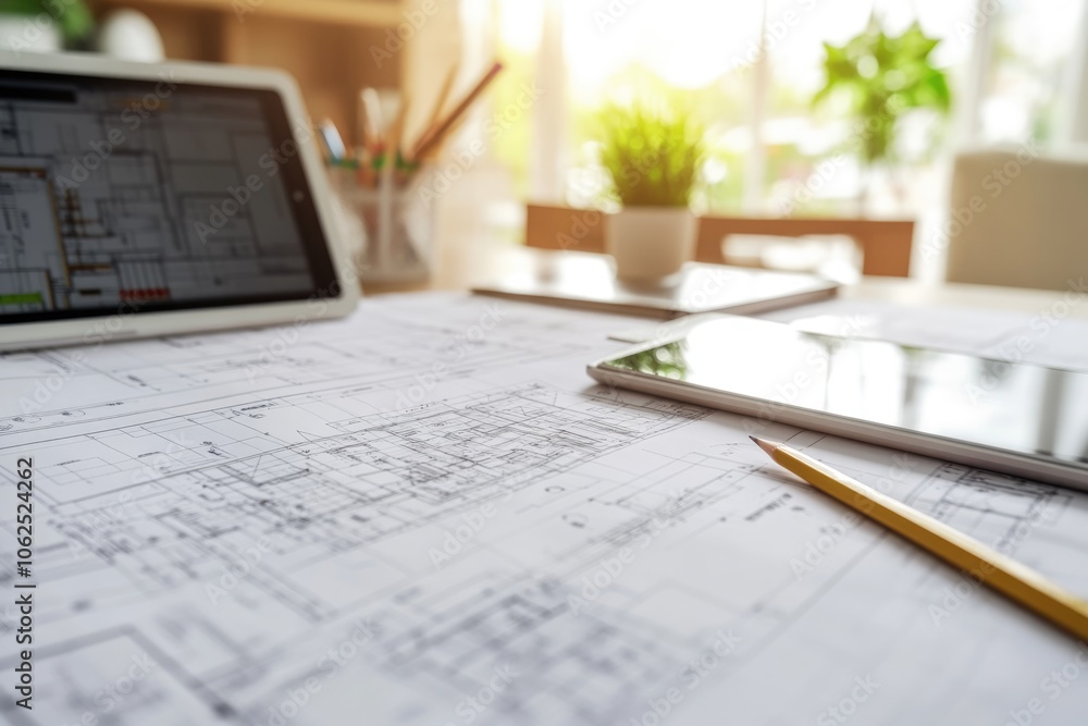 Realistic candid photo of a civil engineer’s workspace, featuring detailed blueprints, a pencil, and a tablet, symbolizing the focus and dedication required in construction planning. The light, happy Realistic candid photo of a civil engineer’s workspace, featuring detailed blueprints, a pencil, and a tablet, symbolizing the focus and dedication required in construction planning. The light, happy