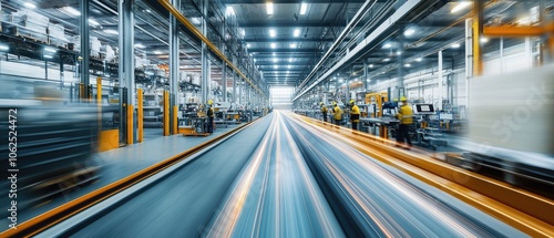 Very realistic and photographic photo of a sleek, high-tech warehouse filled with motion-blurred workers and automation machinery operating smoothly The long exposure creates a sense of dynamic