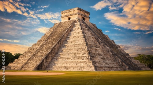 Chichen Itza Pyramid, ancient Mayan architectural marvel, against a dramatic sky. photo