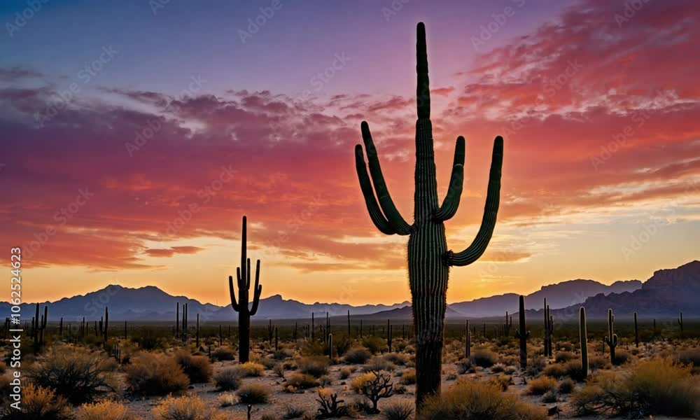 Tall cactus in desert landscape with colorful sunset sky. Tall cactus in desert landscape with colorful sunset sky.