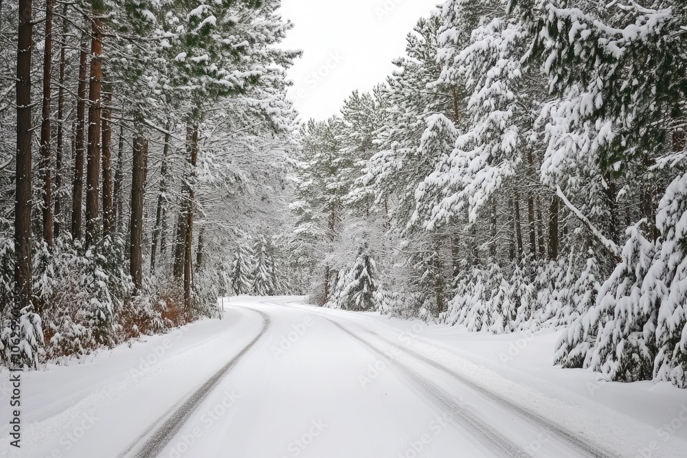 Snow-covered road in pine forest, serene winter wonderland scene Snow-covered road in pine forest, serene winter wonderland scene