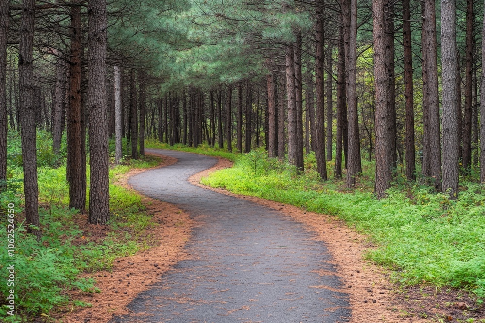 Fototapeta premium Bicycle path winding through a pine forest, inviting and serene