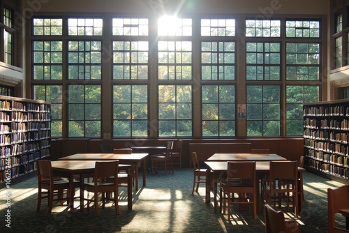 Quiet library with morning sunlight through windows, Monday morning, peaceful and studious