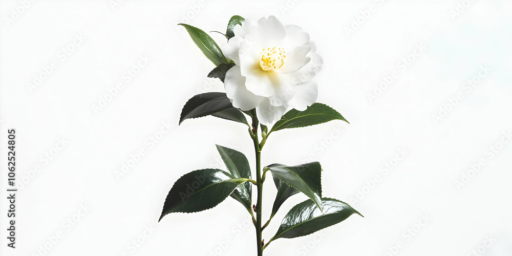 A delicate white flower with green leaves against a plain background. A delicate white flower with green leaves against a plain background.