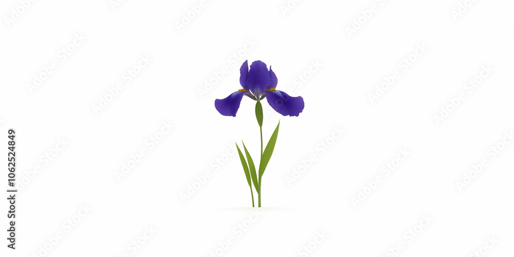 A single purple iris flower with green leaves on a white background. A single purple iris flower with green leaves on a white background.