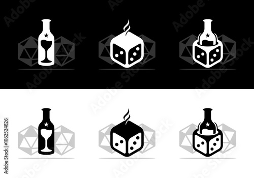 Set the dice game with the symbol of a bottle, a glass of whiskey and a cup of coffee. Logo vintage illustration icon set.