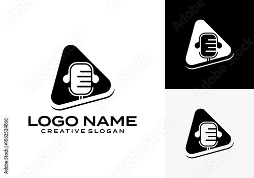 Design a Podcast or Radio Channel Logo using a Microphone and a Play button for chatting or talk icons.